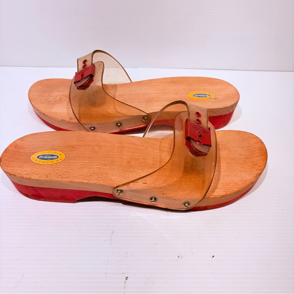 Dr. Scholl's Red & Tan Sandals Wooden Sole Vinyl Strap Red Buckle - Size 8.5